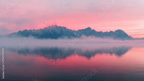 A mountain range is reflected in the water