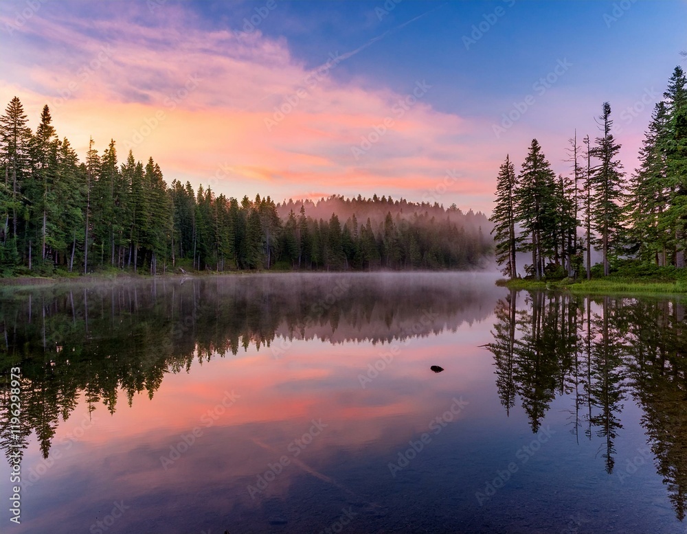 Serene Sunrise Reflection: A tranquil lake mirrors the vibrant colors of a sunrise, with mist rising from the water and tall evergreens lining the shore, creating a picturesque and peaceful scene. Serene Sunrise Reflection: A tranquil lake mirrors the vibrant colors of a sunrise, with mist rising from the water and tall evergreens lining the shore, creating a picturesque and peaceful scene.