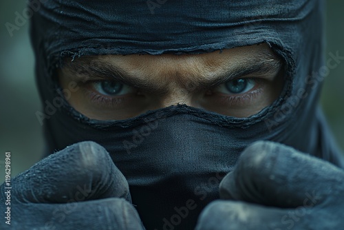 Close-up of a man's intense eyes peering from behind a dark mask and gloves. photo