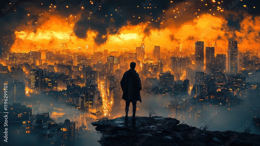 Fototapeta premium Heroic pose amidst urban chaos city skyline digital art dramatic night scene eye-level view superhero concept