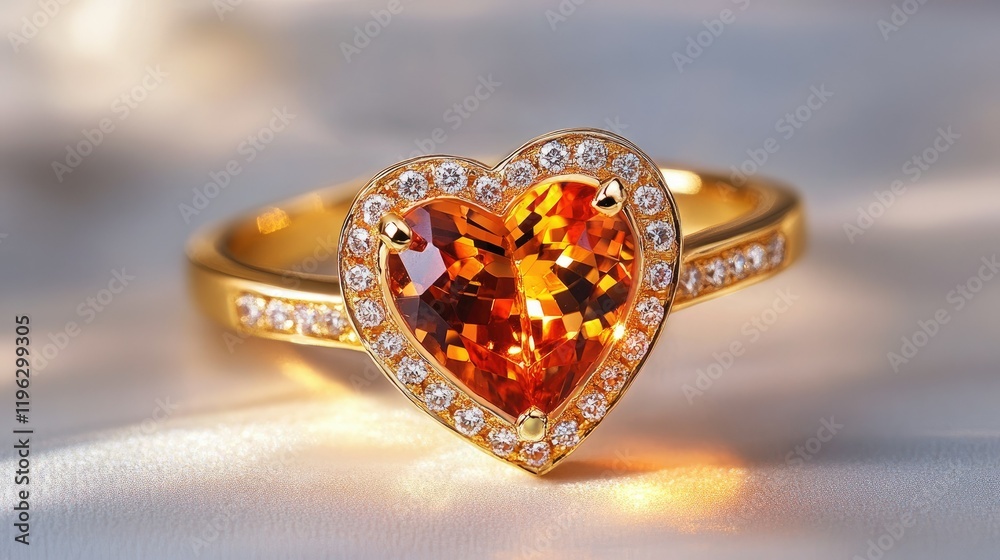 Elegant ring featuring a radiant heart-shaped orange gemstone, framed by sparkling diamonds, set against a gradient gold surface Elegant ring featuring a radiant heart-shaped orange gemstone, framed by sparkling diamonds, set against a gradient gold surface