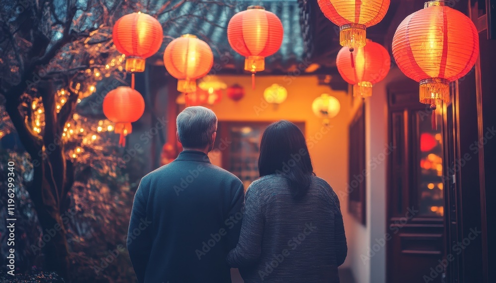 Naklejka premium Couple walking through a lantern-lit Asian garden at night
