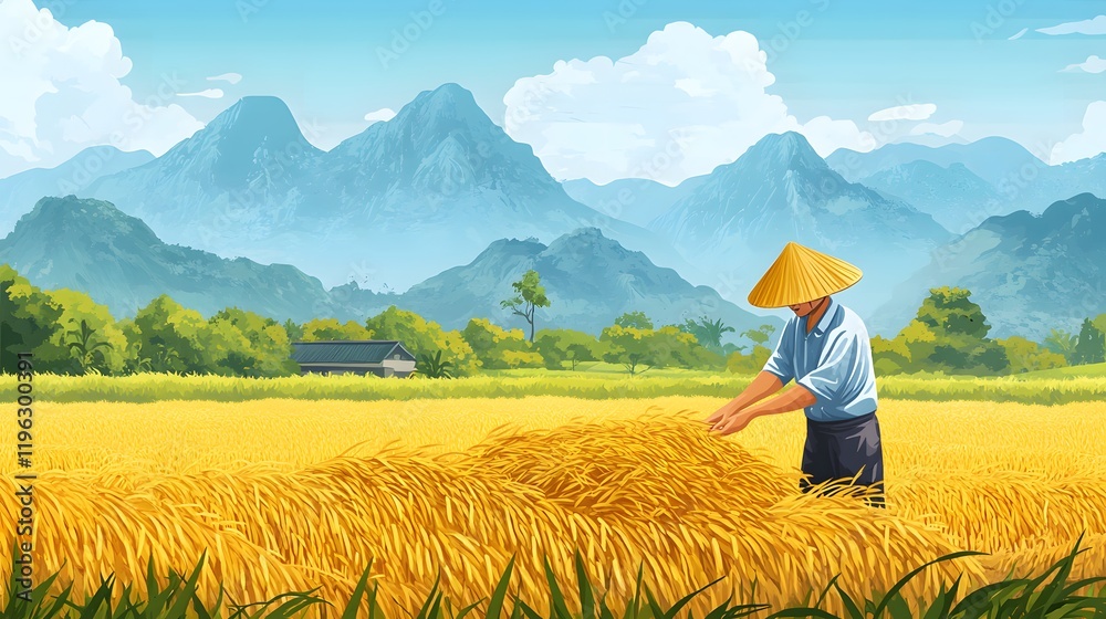 A farmer is harvesting rice in the field, with a beautiful view of the mountains A farmer is harvesting rice in the field, with a beautiful view of the mountains