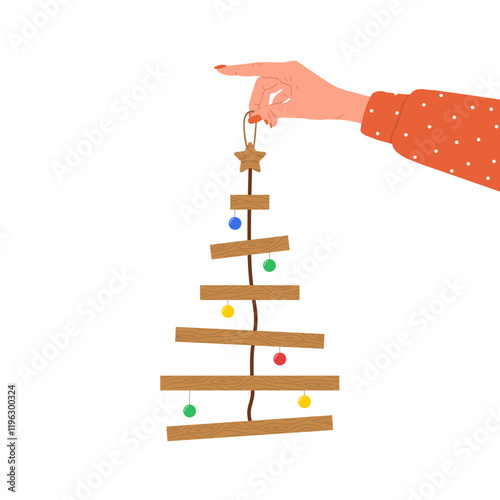 Rustic wooden Christmas Tree. Christmas tree made of wooden shelves. Eco friendly holiday ornaments. Plastic free concept. Vector illustration in flat cartoon style.