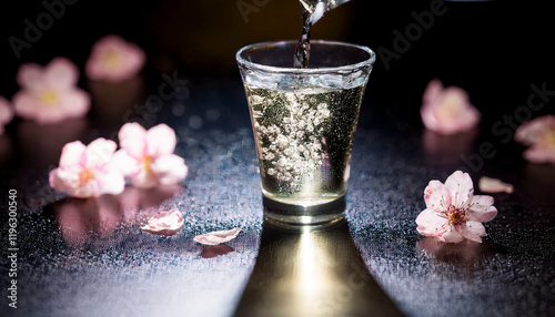 春・桜の花びらが舞い散る月明りの中　グラスに日本酒を注ぐ　花見・アルコール・酒・夜桜・宴会・日本・季節のイメージ背景