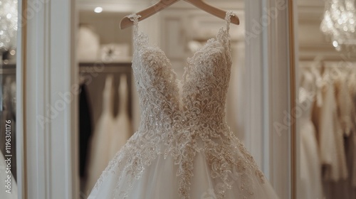 Elegant Beaded Wedding Gown in Bridal Shop photo