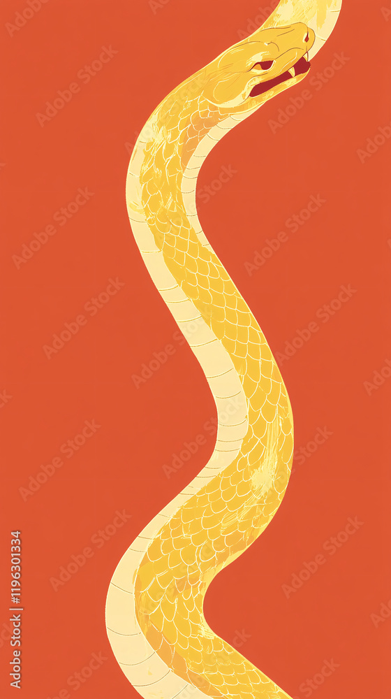 Fototapeta premium A golden snake Chinese illustration is wrapped around the edge of an orange-red background, Festive year of the snake wallpaper with copy spaces.