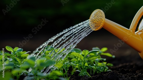 Watering Young Plants with Yellow Watering Can in Garden