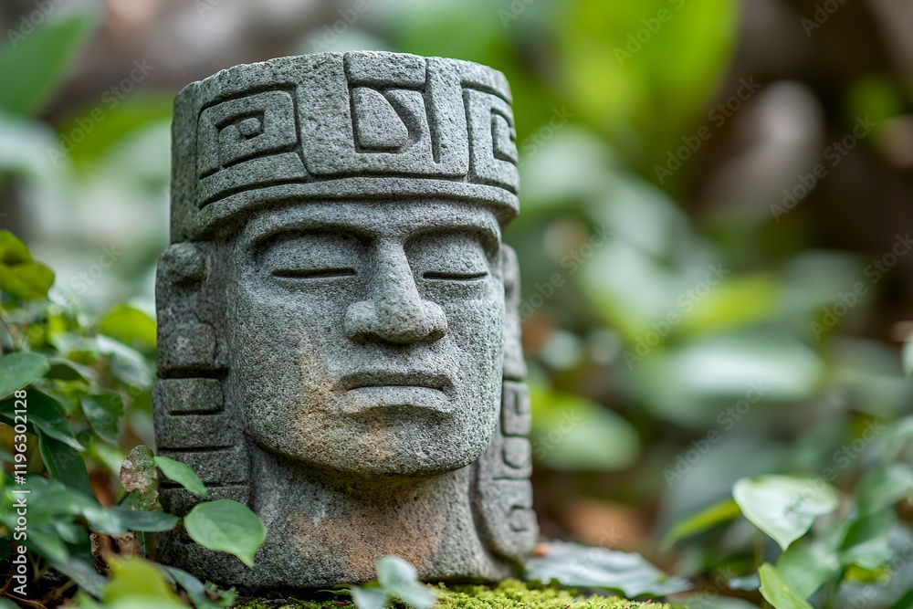 A serene Olmec stone head statue nestled amongst vibrant green foliage. The image evokes a sense of calm and ancient mystery. A serene Olmec stone head statue nestled amongst vibrant green foliage. The image evokes a sense of calm and ancient mystery.