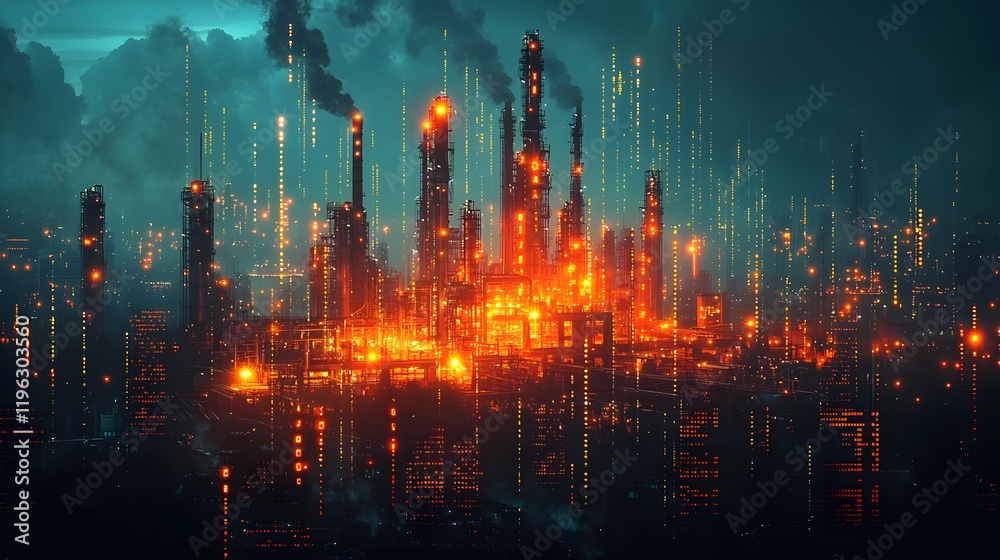Fototapeta premium Glowing Industrial Cityscape with Dynamic Business Data Visualizations
