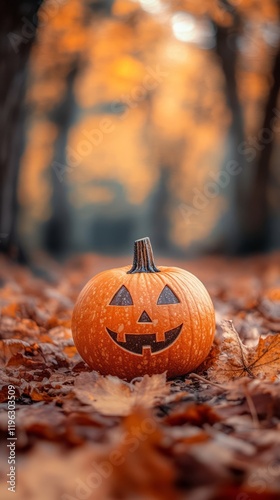 Smiling Jack-o'-lantern in autumn leaves
