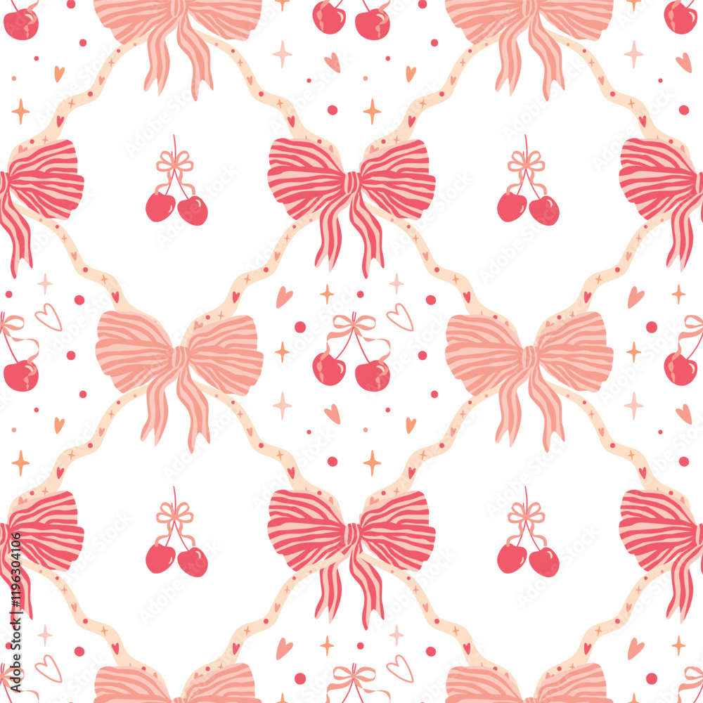 Pink bows and cherry damask seamless pattern for Valentines day. Preppy coquette trellis background. Cute romantic print, lovely wallpaper. Hand drawn bow knots, textile. Vector retro design.