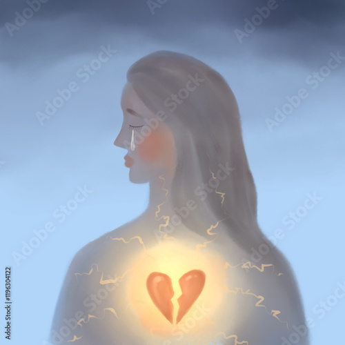 Broken heart glowing with sadness and hope