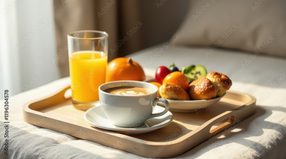 A delightful morning tray with a comforting cup of coffee, a glass of fresh-squeezed juice, and a selection of pastries and fruit, enjoyed in the soft sunlight on a comfortable bed A delightful morning tray with a comforting cup of coffee, a glass of fresh-squeezed juice, and a selection of pastries and fruit, enjoyed in the soft sunlight on a comfortable bed