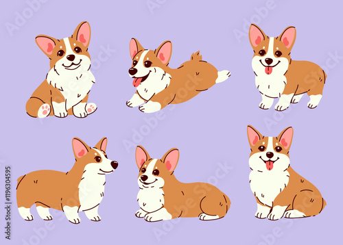 Set of cute corgi dogs in different poses. Vector graphics