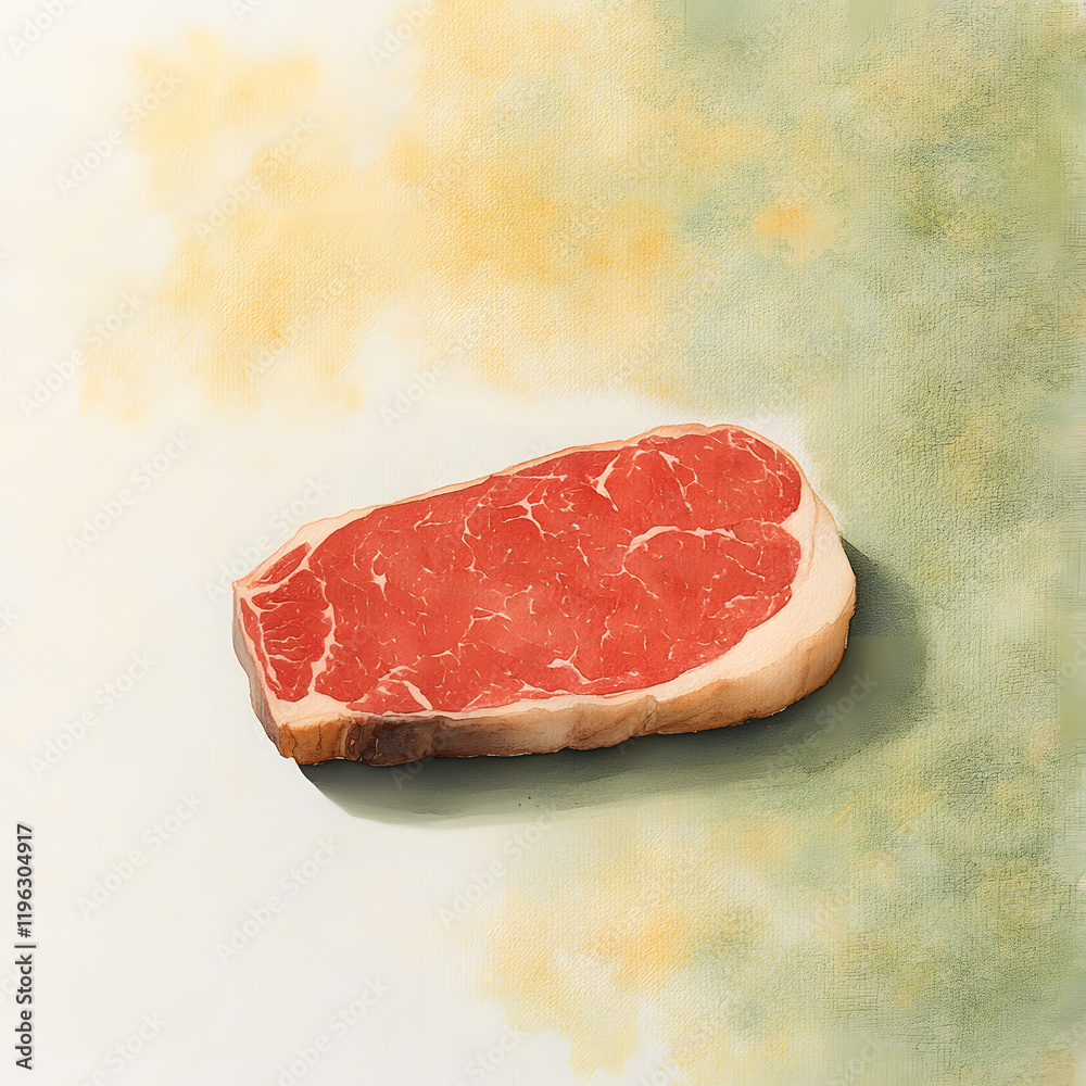 A beautifully textured watercolor painting of a beef steak, featuring deep crimson tones with veins of white marbling and golden-brown edges. The background is a blend of abstract green, yellow, and A beautifully textured watercolor painting of a beef steak, featuring deep crimson tones with veins of white marbling and golden-brown edges. The background is a blend of abstract green, yellow, and