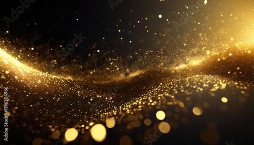 Abstract background of dark gold and glowing particles.Golden background with particles light flow. photo