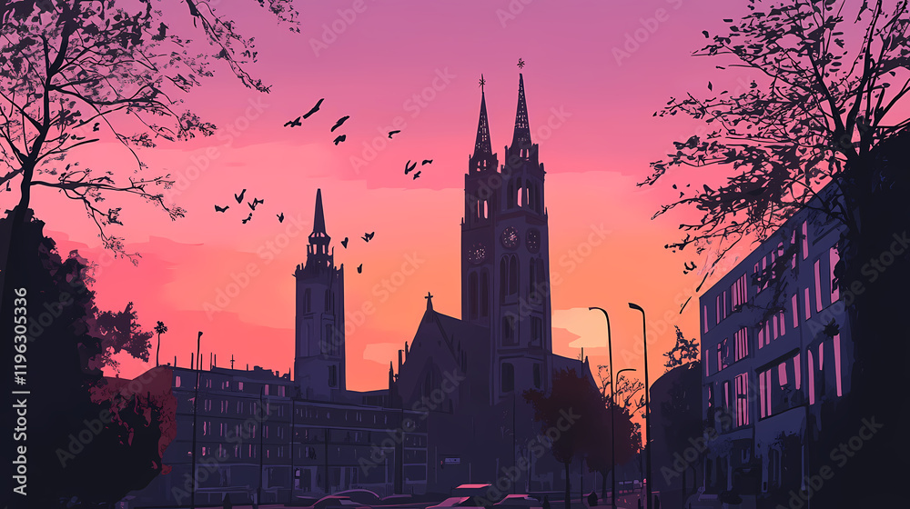 Minimalist dusk at the kaiser wilhelm memorial church in berlin. Willowbloom. Illustration Minimalist dusk at the kaiser wilhelm memorial church in berlin. Willowbloom. Illustration