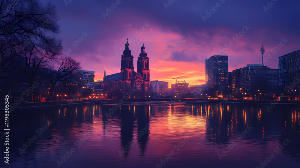 Obraz premium Minimalist dusk at the kaiser wilhelm memorial church in berlin. Willowbloom. Illustration