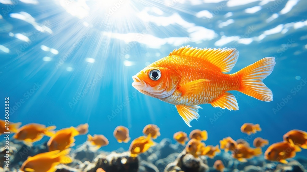 Fototapeta premium Vibrant Orange Fish Swimming in Sunlit Underwater Scene Reef Fish Aquatic Life