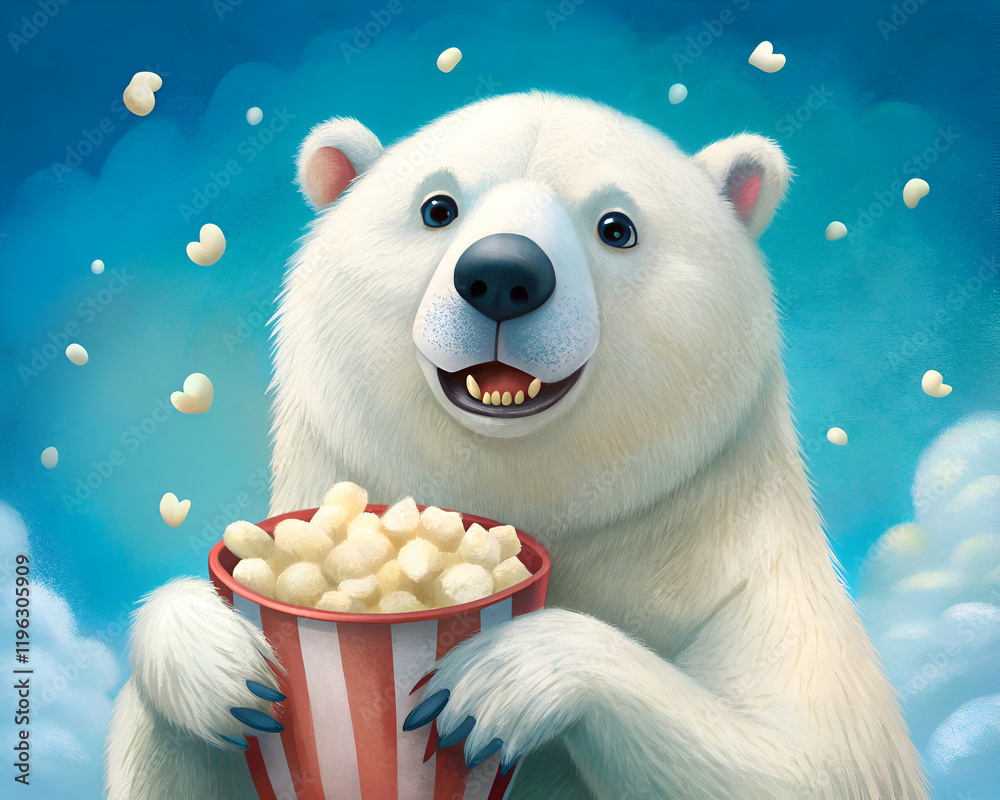 Adorable Polar Bear Enjoying Popcorn. A Delightful Cartoon Illustration