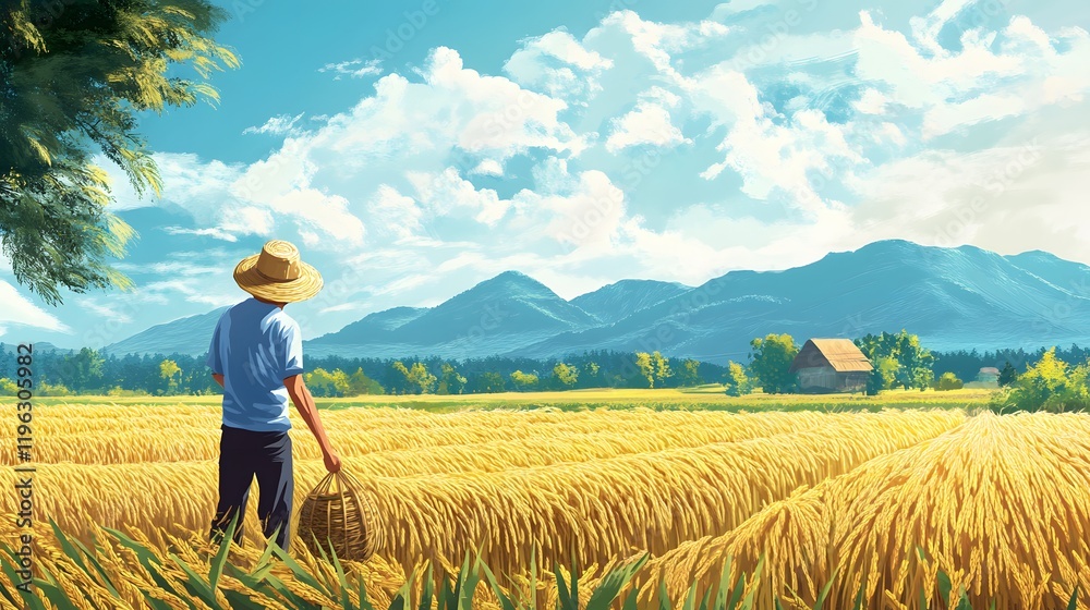 A farmer is harvesting rice in the field, with a beautiful view of the mountains A farmer is harvesting rice in the field, with a beautiful view of the mountains