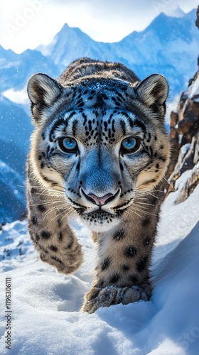 Stunning snow leopard walking in snowy mountains. Beautiful winter scene.