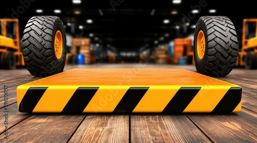 Industrial Platform Mockup Yellow Safety Barrier Wooden Floor Heavy Duty Tires