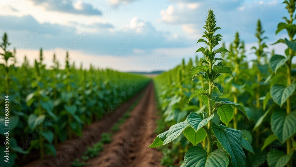 A mature soybean field, with plants in full growth and pods almost ready for harvest. The sunlit sky and fertile soil create the perfect environment for this crop. A mature soybean field, with plants in full growth and pods almost ready for harvest. The sunlit sky and fertile soil create the perfect environment for this crop.