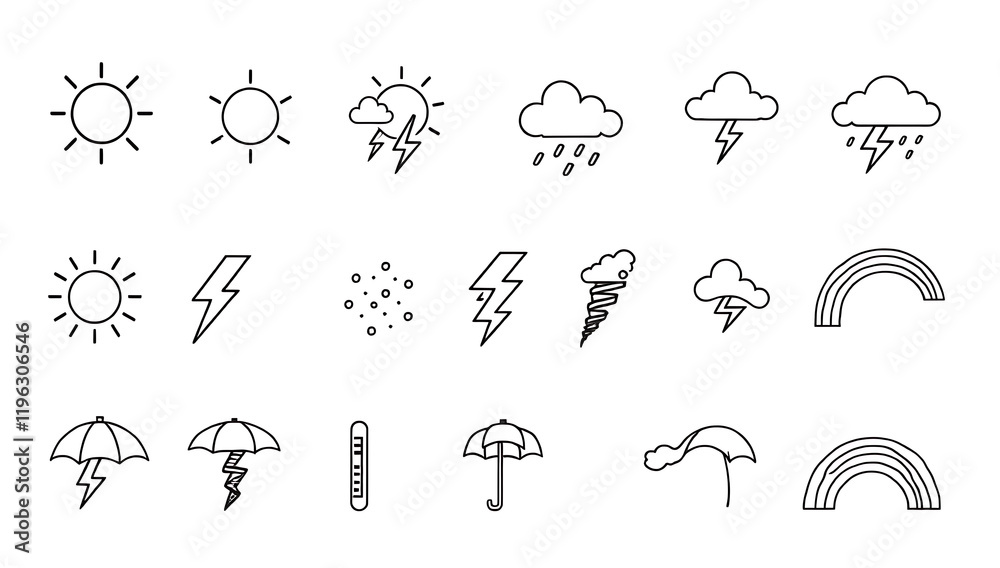 Obraz premium Line-art icons of weather elements, including suns, clouds, raindrops, lightning bolts, snowflakes, wind gusts, tornadoes, thermometers, umbrellas, and rainbows, drawn with no fill color on a plain wh