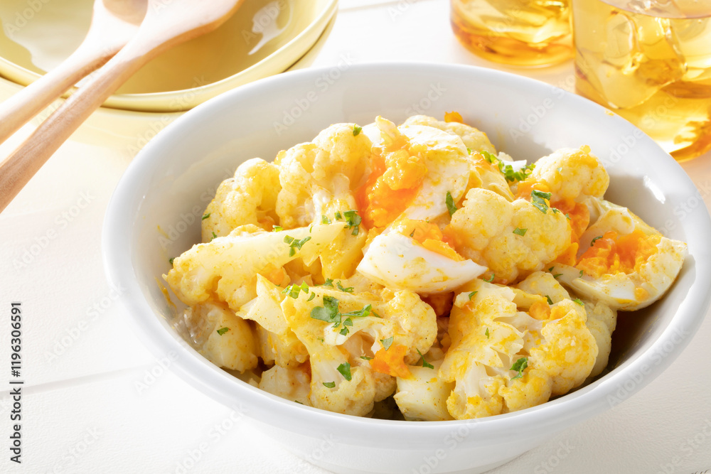 Curry salad with cauliflower and eggs. Curry salad cauliflower soup with egg topped Curry salad with cauliflower and eggs. Curry salad cauliflower soup with egg topped