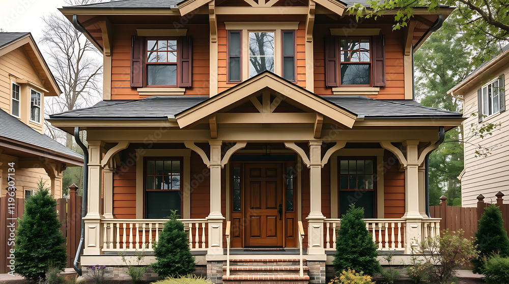 Fototapeta premium Charming Craftsman Style House Exterior with a Spacious Porch and Landscaped Garden. Beautiful Home Design and Architecture. Perfect for Real Estate Listings.