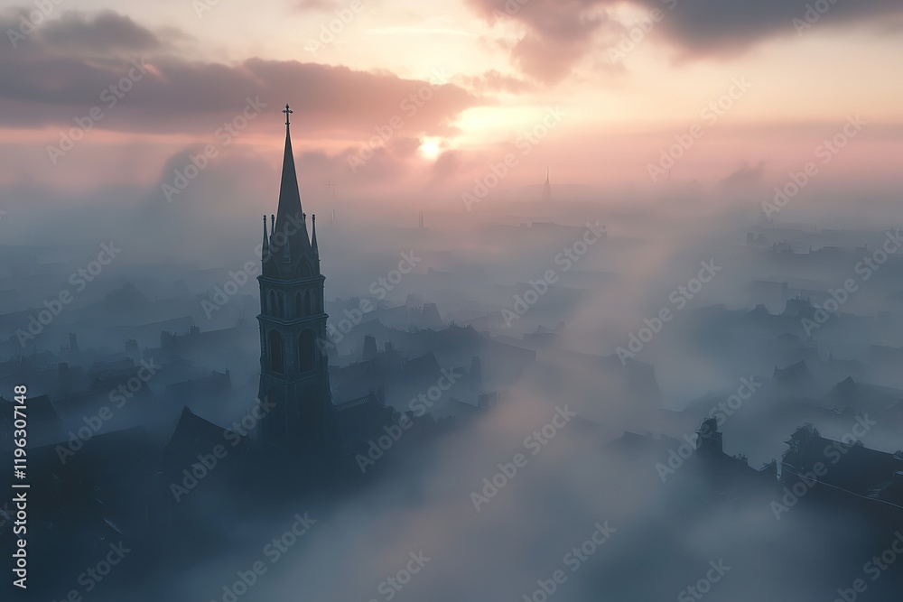 Fototapeta premium Misty Cityscape: Church Steeple in Foggy Urban Dawn sky old new calm view mood quiet faith scene 