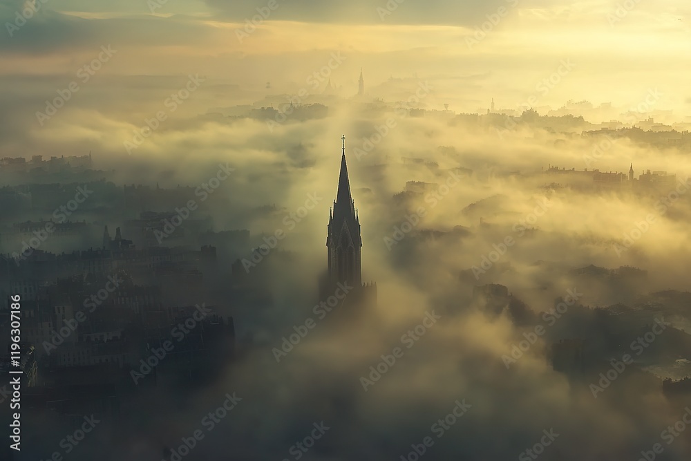 Fototapeta premium Misty Cityscape: Church Steeple in Foggy Urban Distance sky art view calm mood tone image photo faith