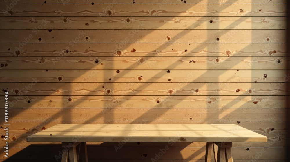 Sunlit Wooden Tabletop Against Warm Plank Wall, Perfect for Product Display or Mockup Presentation Sunlit Wooden Tabletop Against Warm Plank Wall, Perfect for Product Display or Mockup Presentation