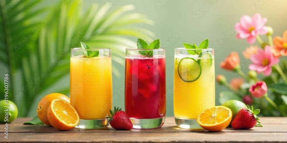 Fototapeta premium Refreshing Summer Beverages A Trio of Citrus and Berry Infusions Served in Elegant Glasses with Fresh Fruit Garnish on a Rustic Wooden Table