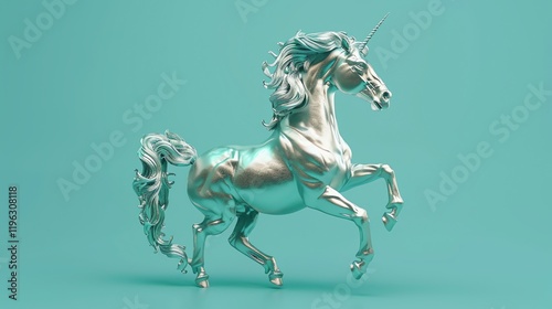 A silver unicorn with a flowing mane and tail stands on a teal background. photo