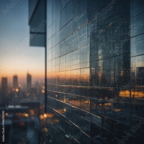 Blurred abstract view of a glass wall from a modern city building, reflecting soft urban lights and hazy silhouettes, creating a dreamy, atmospheric effect.

