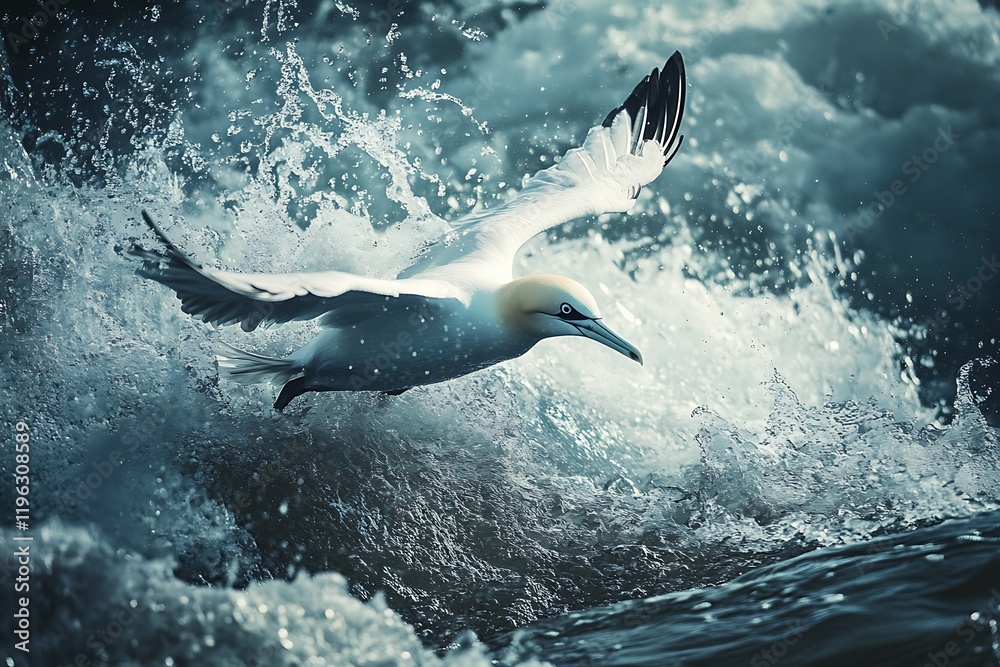 Obraz premium Gannet's Oceanic Dance: A Stunning Flight Through Turbulent Waters