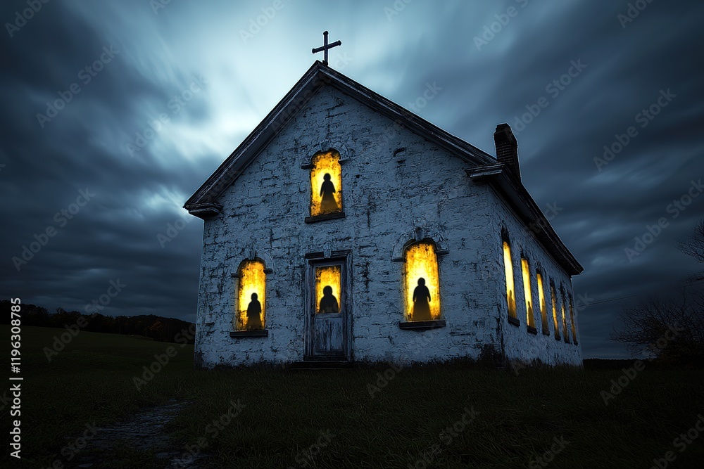 Fototapeta premium Eerie Abandoned Mansion: Isolated Haunted House in the Middle of Nowhere dark ruin fear mood dark 