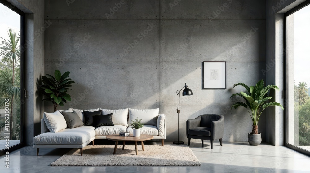 Fototapeta premium Modern minimalist living room interior design with exposed concrete wall, large windows, and stylish furniture