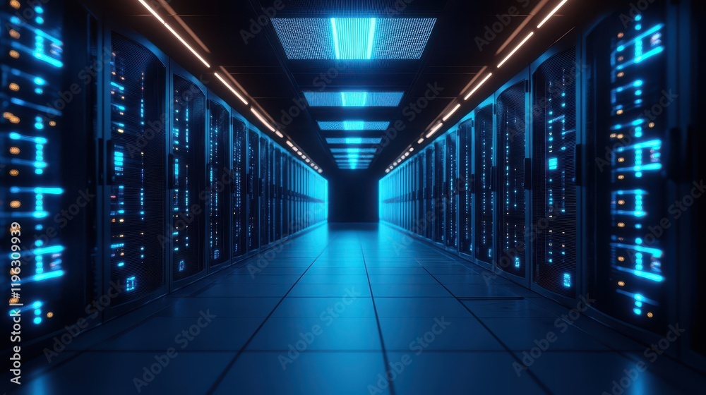 Futuristic data center with glowing blue servers and illuminated pathways showcasing advanced technology infrastructure and vibrant lighting architecture Futuristic data center with glowing blue servers and illuminated pathways showcasing advanced technology infrastructure and vibrant lighting architecture