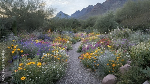 Colorful wildflowers bloom along a gravel path in a desert garden with mountains in the background.