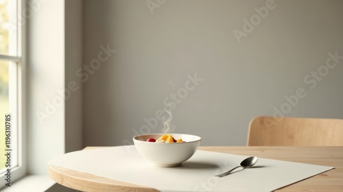 Wallpaper Mural A steaming bowl of warm breakfast cereal with fresh fruit sits on a minimalist wooden table next to a window, bathed in soft natural light. Torontodigital.ca