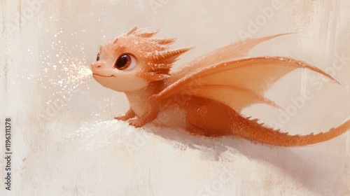 Cute, orange dragonling, blowing sparks, on a light beige background. photo