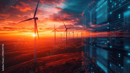 Green power or renewable energy concept of wind turbines farm or wind power plant with Scada system computer screen monitoring at operations controller room for operator engineer teamwork.
