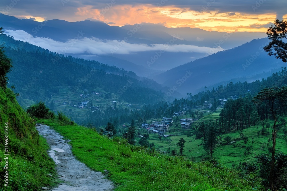 Obraz premium Serene Green Valley Panorama: Breathtaking Nature Landscape Photography sky view calm grass hills 