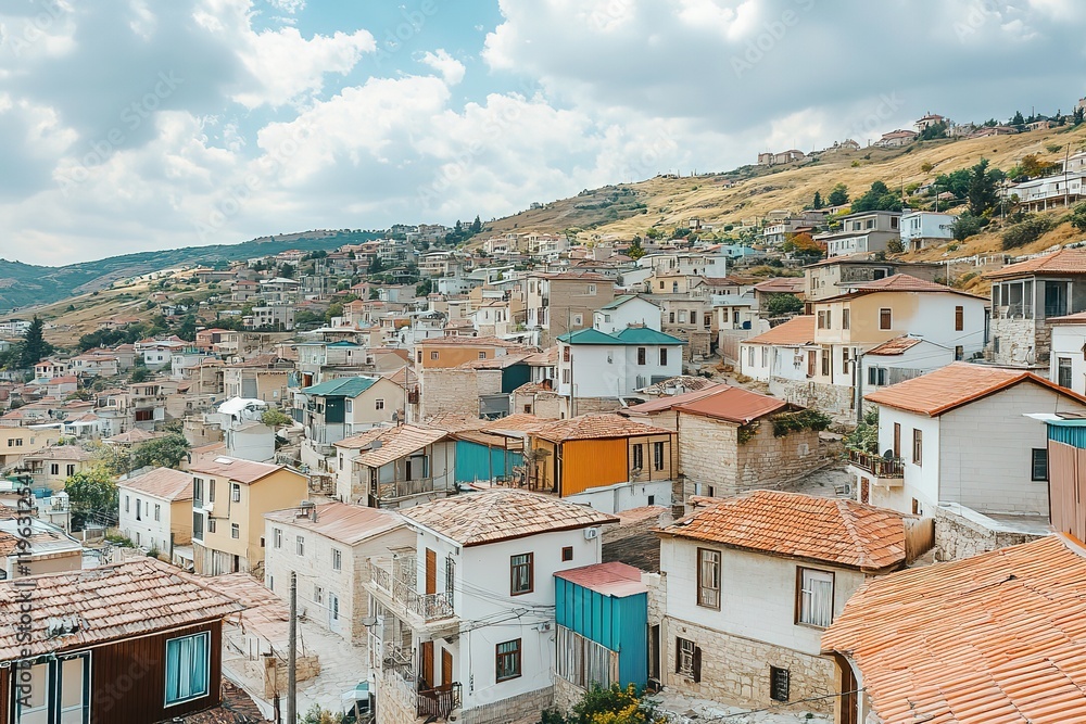 Obraz premium Whitewashed Paradise: A Panoramic View of Charming Coastal Architecture sun sky sea town blue calm