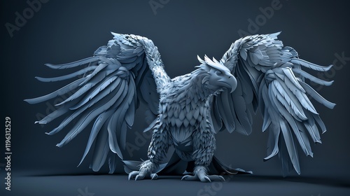 A 3D render of a griffin with wings spread.