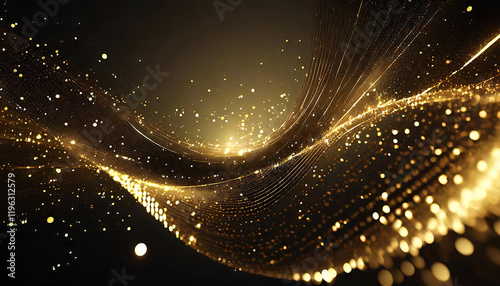 ダークゴールドと輝く粒子の抽象的な背景。金色の背景と粒子の光の流れ。Abstract background of dark gold and glowing particles.Golden background with particles light flow.